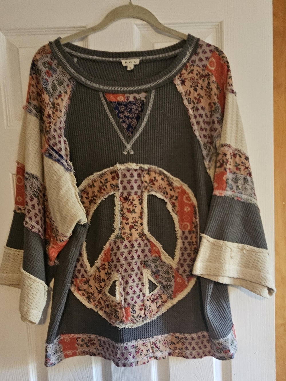 POL Multicolor Patchwork Peace Sign Crewneck Sweater